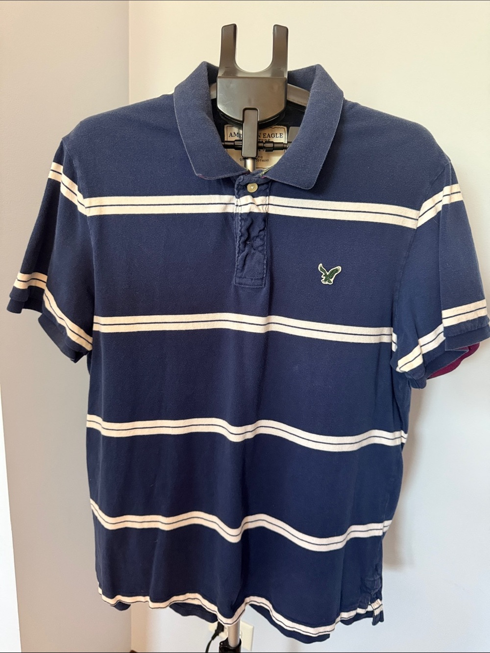 American Eagle Outfitters Navy Blue and White Striped Polo
